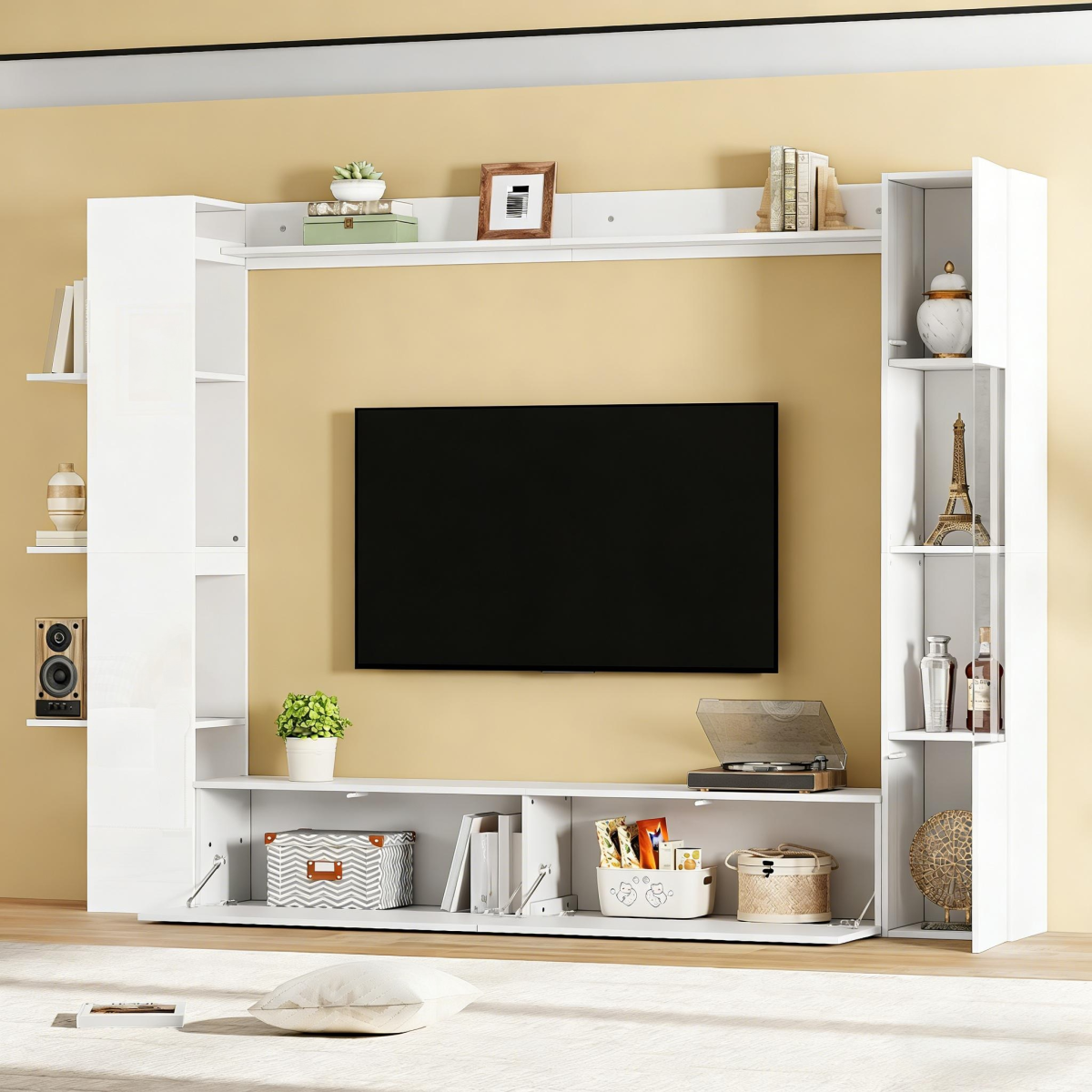 Wall Unit, Display Cabinet Door Hinge Replaceable, Set, 4 Pcs, Compact Wall Unit With Plenty Of Storage Space, TV Cabinet, Display Cabinet, Storage Cabinet, Especially For The Living Room, White
