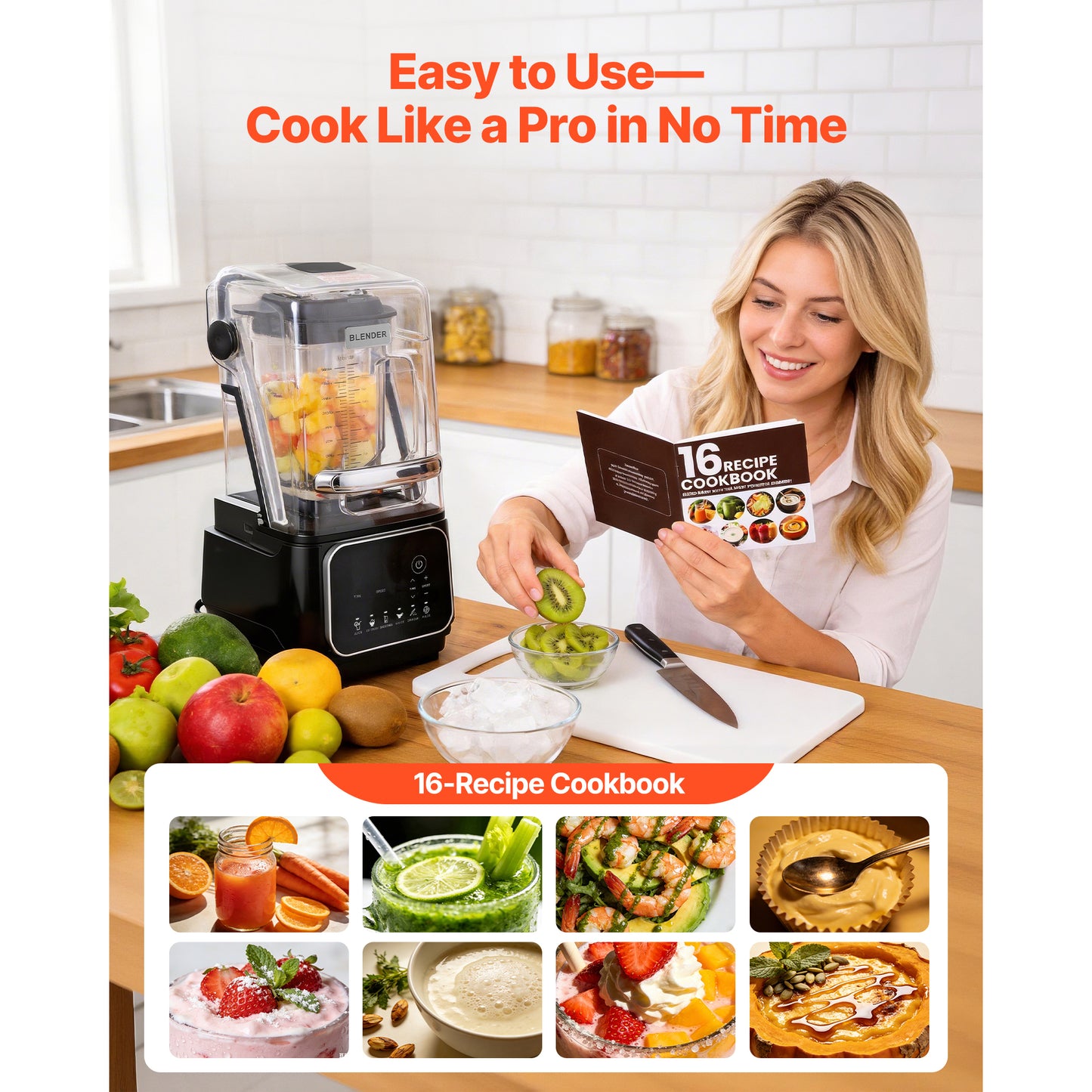 Blender, 68 Oz Professional Countertop Blenders With Shield, 2200W 26000RPM Kitchen Food Processor Combo, Self-Cleaning, Speed Adjustable, 6 Preset Menu For Smoothies, Ice Crushing, Puree, Black