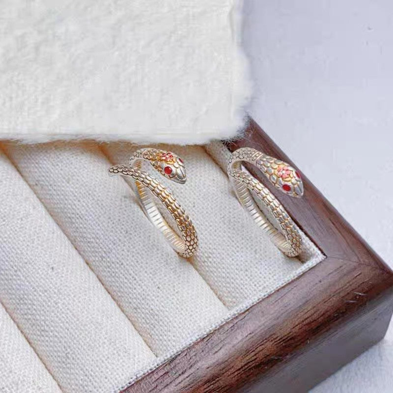 1pc 999 Sterling Silver Gold-Plated Enamel Peach Blossom Snake Open Ring, Retro & Elegant Style, Perfect For Daily, Dating & Gifting, Ideal Valentine's Gift