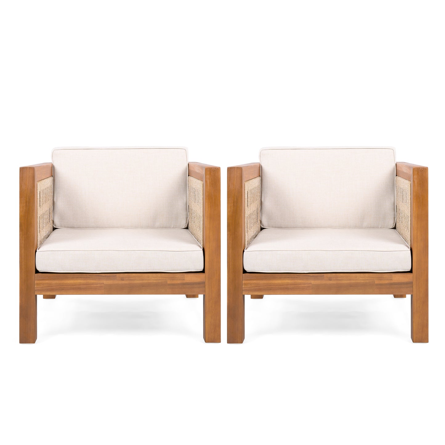 Outdoor Club Chair Set Of 2, Acacia Wood Frame With Beige Rope Arm And Beige Cushions,400 Lbs Capacity