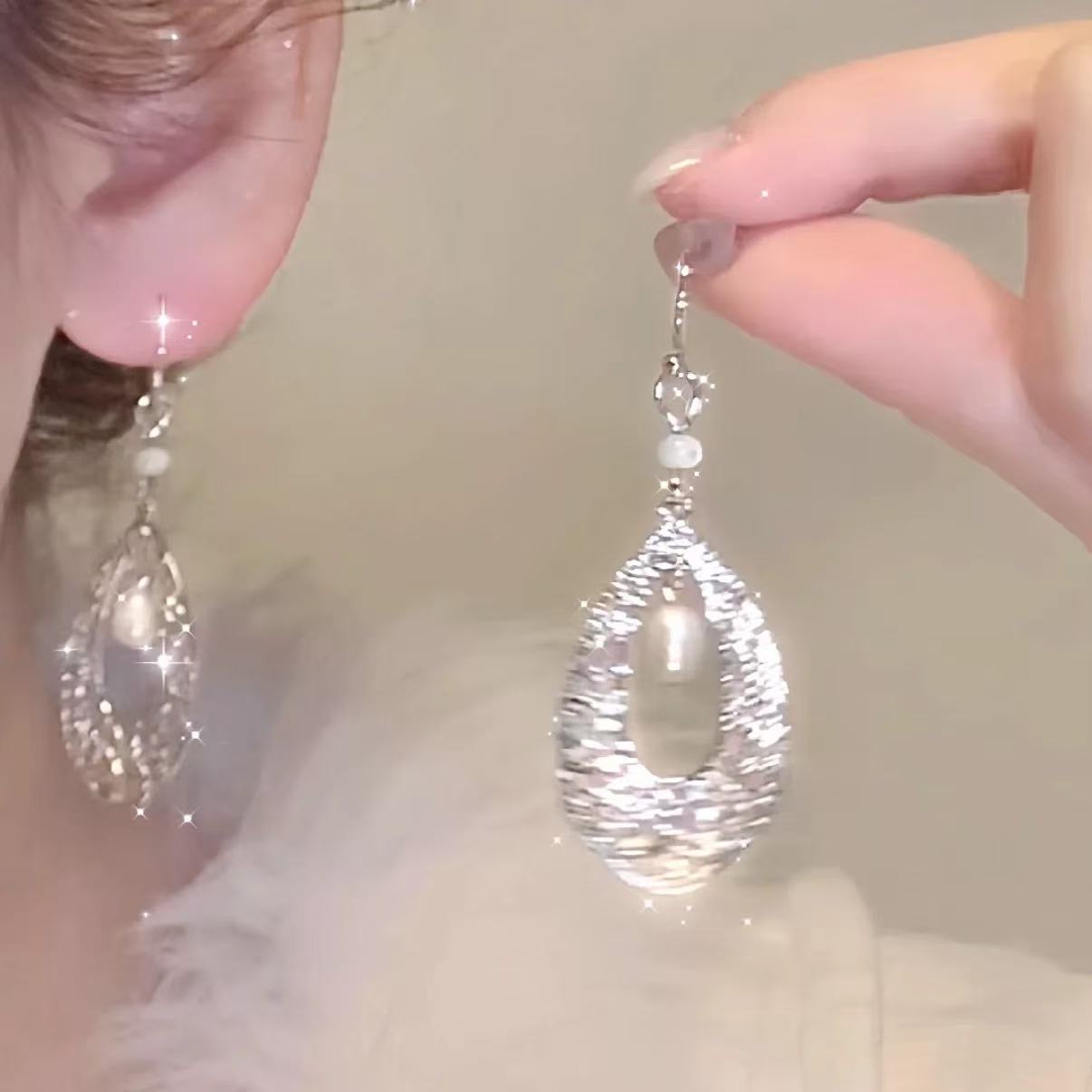 1 Pair 999 Sterling Silver Hollow Teardrop Natural Pearl Earrings, Retro French Style, Perfect For Daily Wear & Valentine's Gifts
