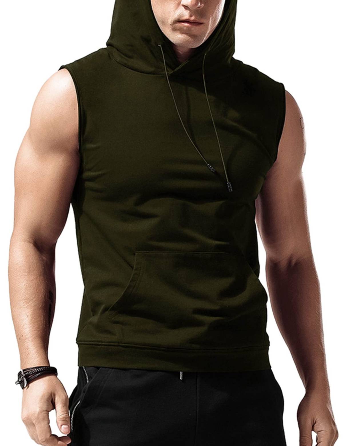Men's Tank Top Hooded Sleeveless Loose Solid Color Pocket Fitness Muscle Training Running Sports Top