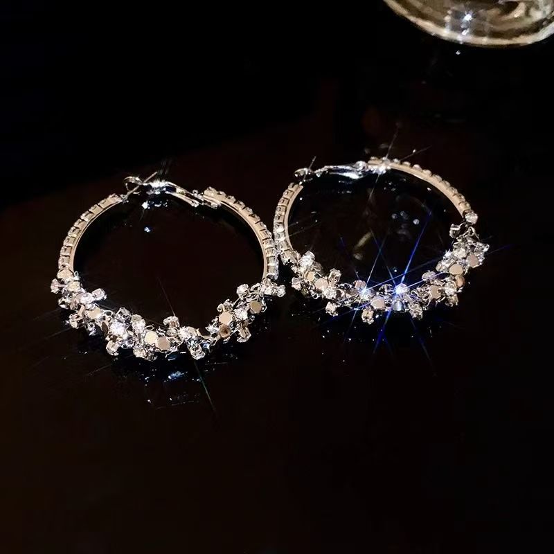 Korean Chic Style Silver Sparkling Rhinestone Big Hoop Earrings For Women, Light Luxury High-End Bold Personality Circle Stud Ear Jewelry