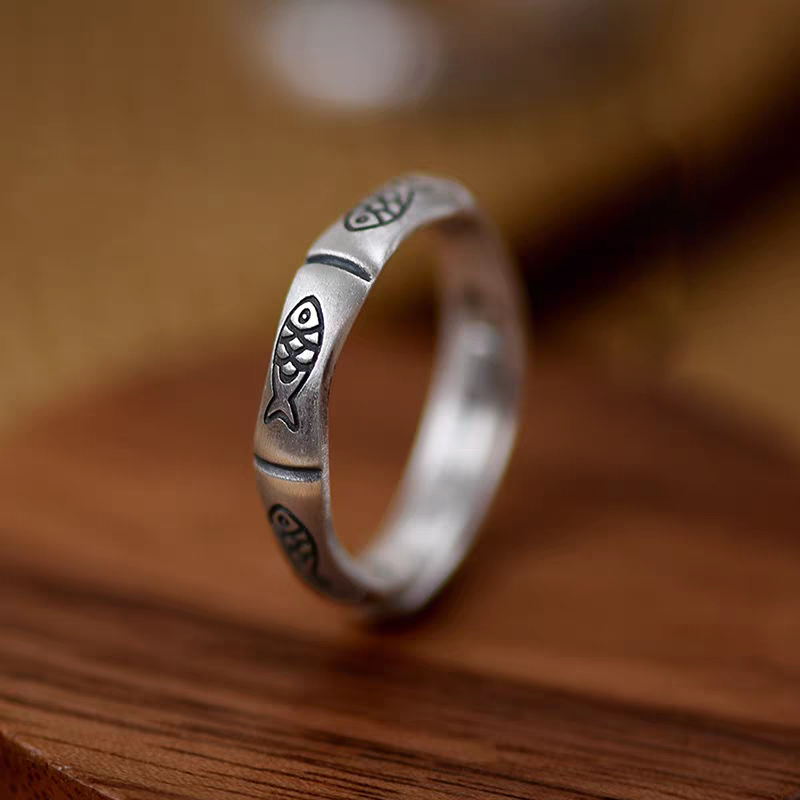 1pc 999 Sterling Silver Koi Fish & Bamboo Open Ring, Retro Lucky Style, Perfect For Daily Wear & Exam Valentine's Gift