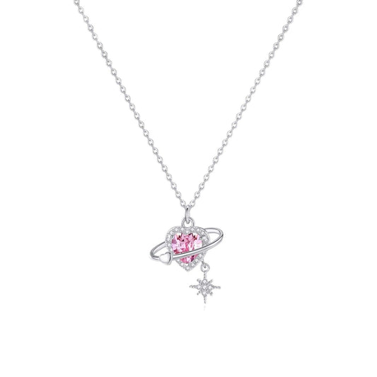 1pcs 990 Sterling Silver Starburst Pink Heart Necklace, Elegant Trendy Style, Ideal For Valentine's Gifts