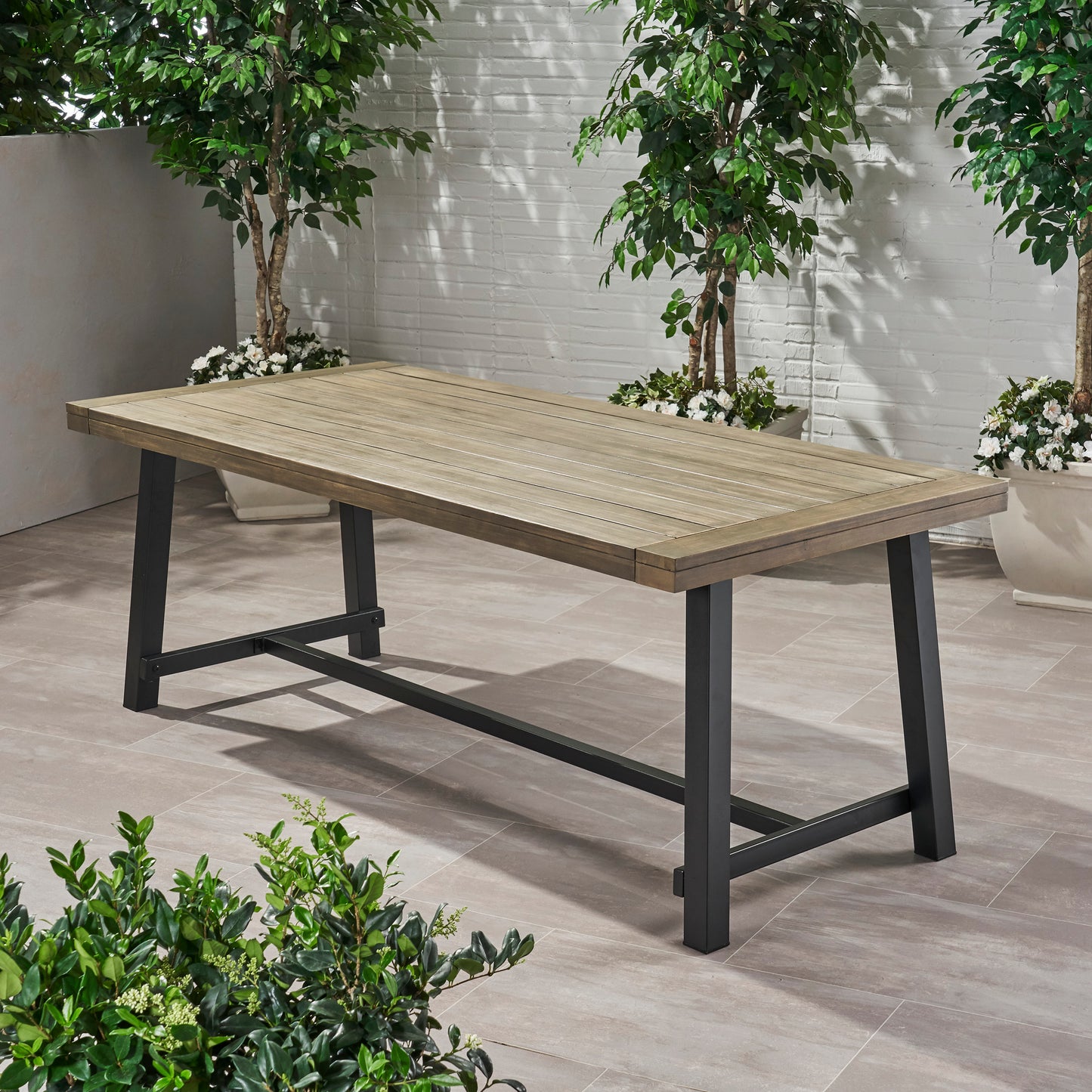 Outdoor Acacia Wood Dining Table,Grey Rustic Metal