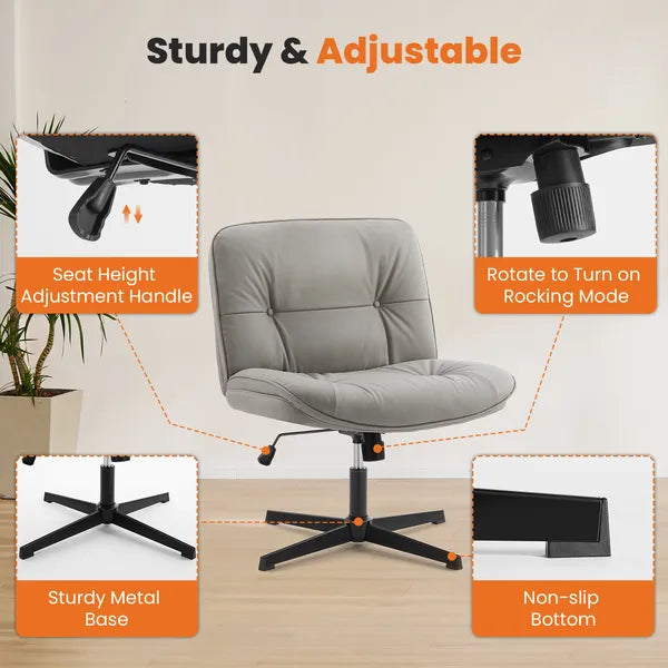 Criss Cross Legged Chair, Armless Office Desk Wide Seat No Wheels, Swivel Height Adjustable Comfy