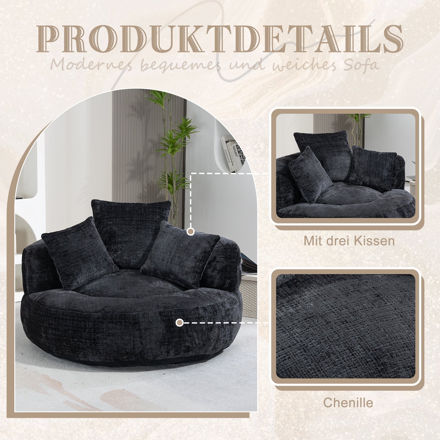 Lazy Sofa Durable Comfort Lounger High Back Bean Bag Chair Couch With Three Cushions For Adults And Kids, Indoor & Outdoor, Single Gaming Sofa Chair For Bedroom, Office  Black Chenille