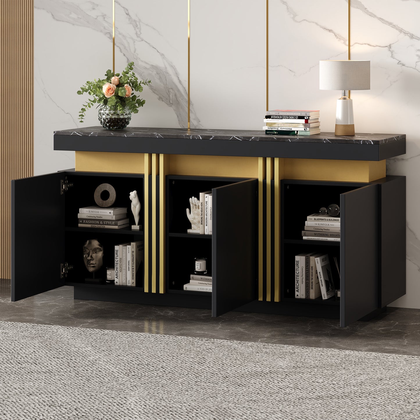 140x38x70cm Modern Black Sideboard Display, 3 Doors, Dining Room Cabinet With Adjustable Dividers, Perfect For Kitchen, Living Room, Dining Room, Hallway,Black And Gol, Wide Handleless Lockers