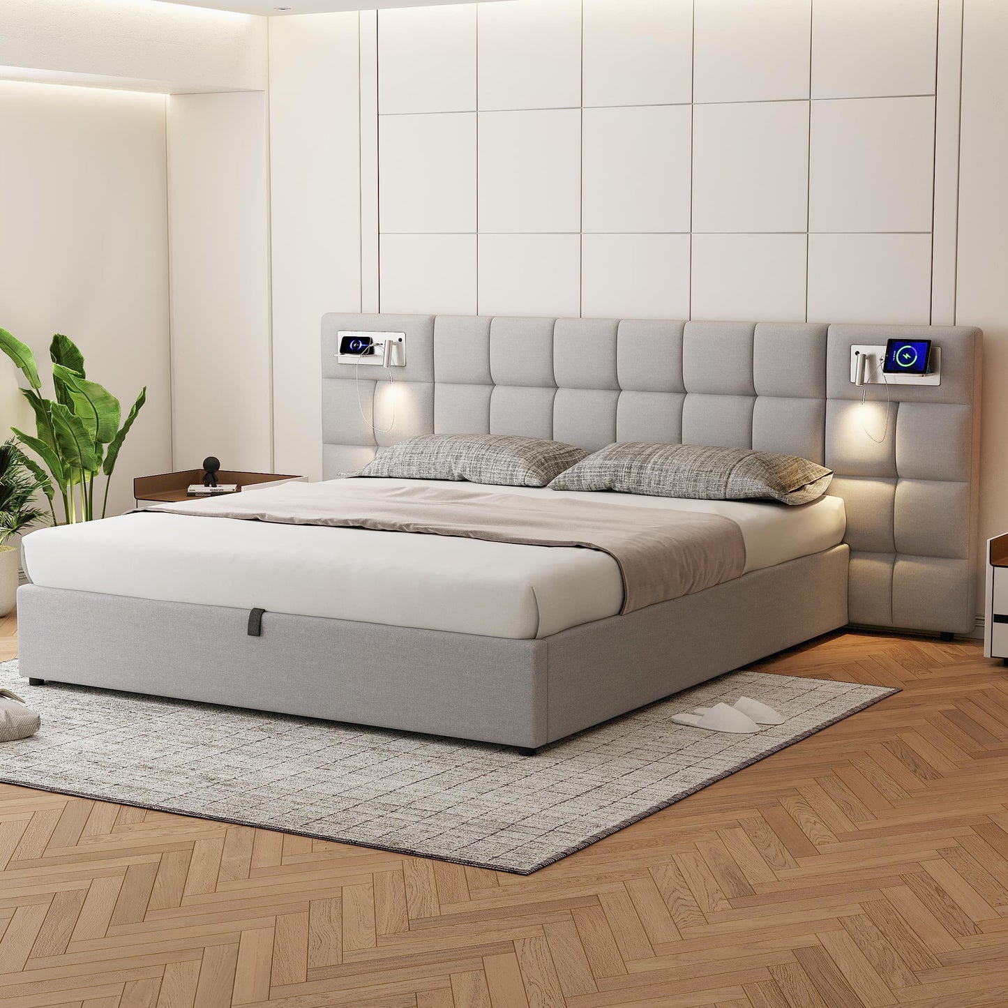 Upholstered Bed 180 X 200 Cm, Hydraulic Bed, With USB Port & Wireless Charging & Illuminated Lamp, With Storage Space, For Adults & Teenagers, Wooden Slat Support, Easy Assembly, Linen, Grey