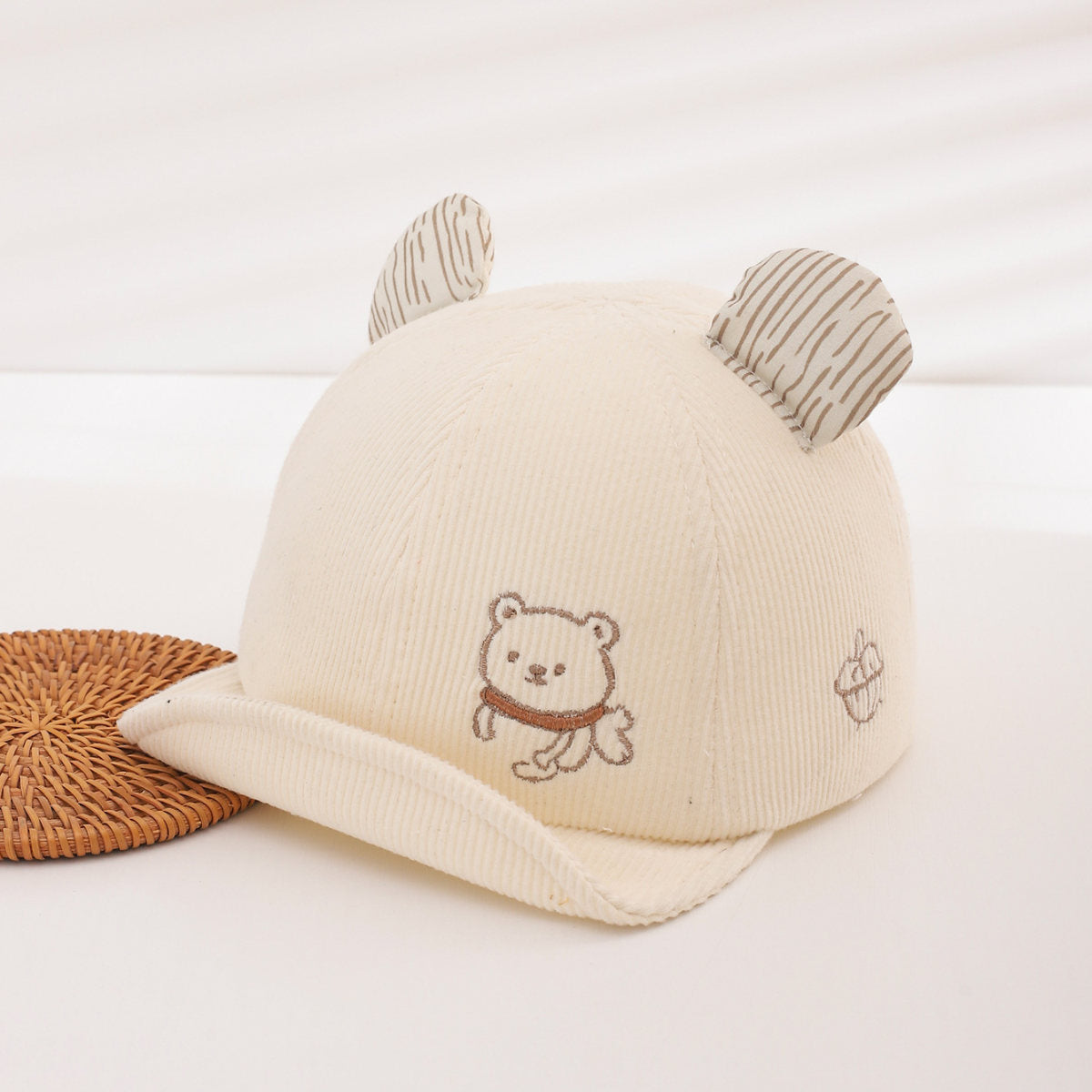 Fall Boys And Girls Bear Embroidered Soft Top Short Brimmed Hat For Baby Soft Corduroy Children's Outdoor Travel Hat