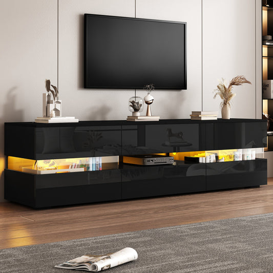 Modern High Gloss TV Cabinet,160x39x45 Cm, With LED Lighting, 2 Doors, 1 Drawer, Open Compartment, Suitable For 70 Inch TV - With Acrylic Glass Insert And Print Opening,High Gloss TV Stands, Black