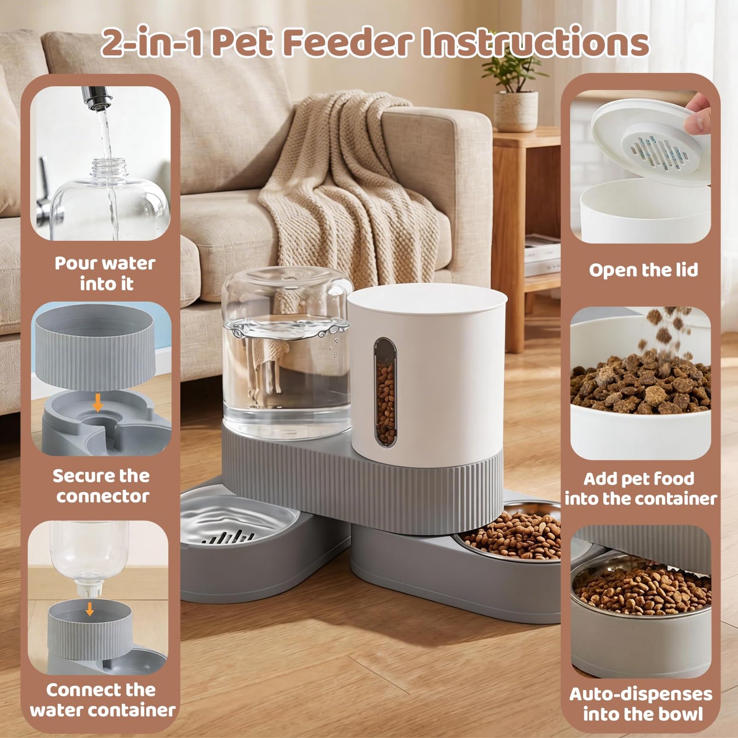 Gravity Cat Feeder 2 Pack Automatic Food Feeder And Water Dispenser Set Detachable Pet Bowl With Silicone Mat For Cats Small Medium Dogs, Large Capacity