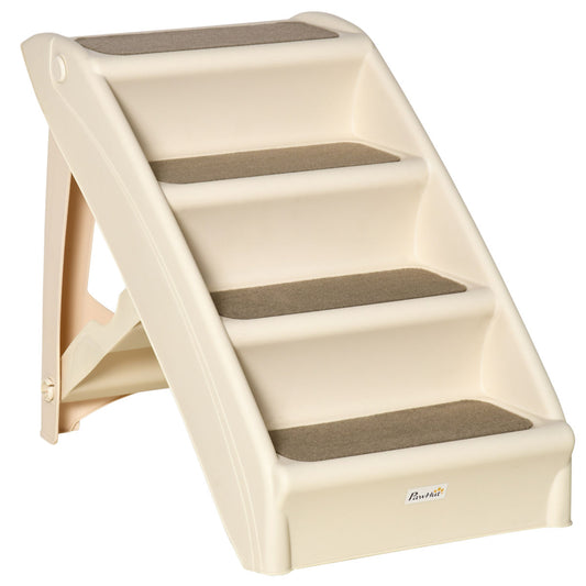 PawHut Foldable Four-Step Pet Stairs, For Cats, Small Miniature Dogs, With Non-Slip Mats 62 X 38 X 49.5cm - Beige