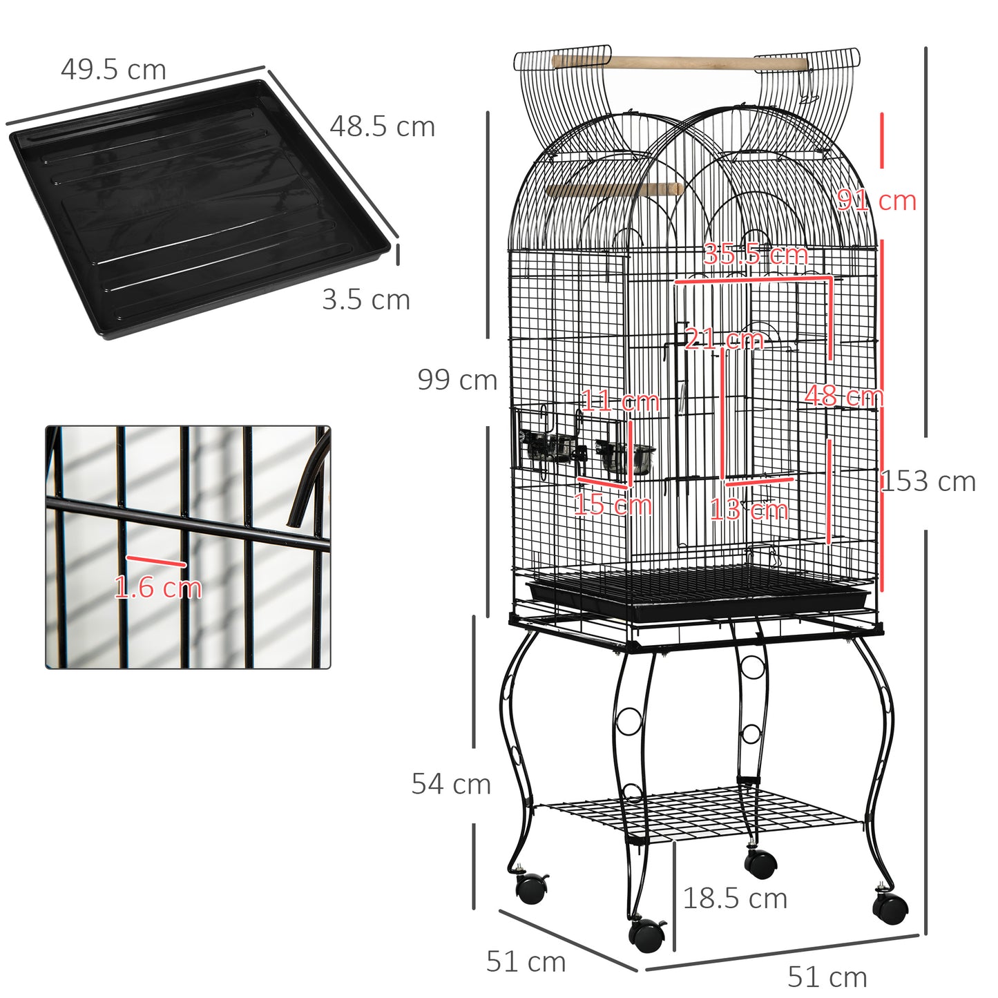 PawHut 1.53m Bird Cage, Pet Viary, Feeding Stand, With Wheels, Perch