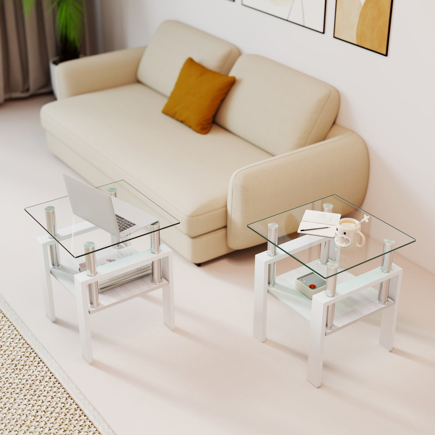 Set Of 2 Modern Tempered Glass Tea Table,Tempered Glass Tabletop With MDF Layer,Coffee Table,End Table, Square Table For Living Room, Transparent White