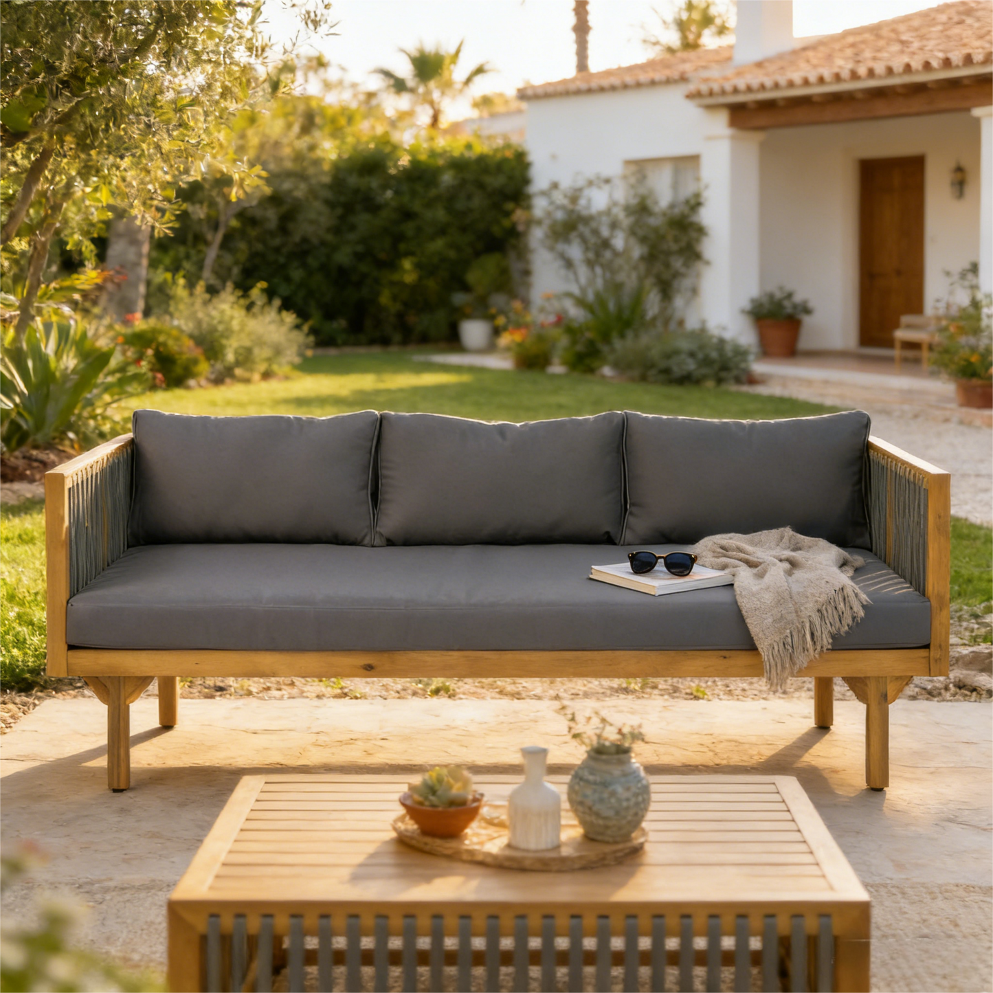 Outdoor Patio Sofa With Dark Grey Cushion & Grey Rope, Acacia Wood Teak Finish, Water Repellent Fabric, 600 Lbs Capacity, For Garden, Deck, Or Backyard
