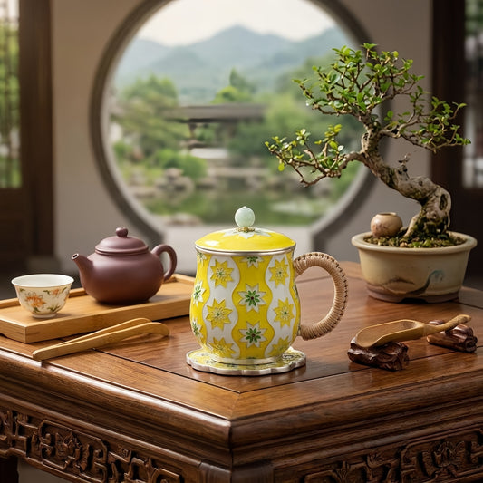 925 Sterling Silver Elegant Floral Enamel Tea Mug with Woven Handle and Jade Inlay Lid - Handicraft