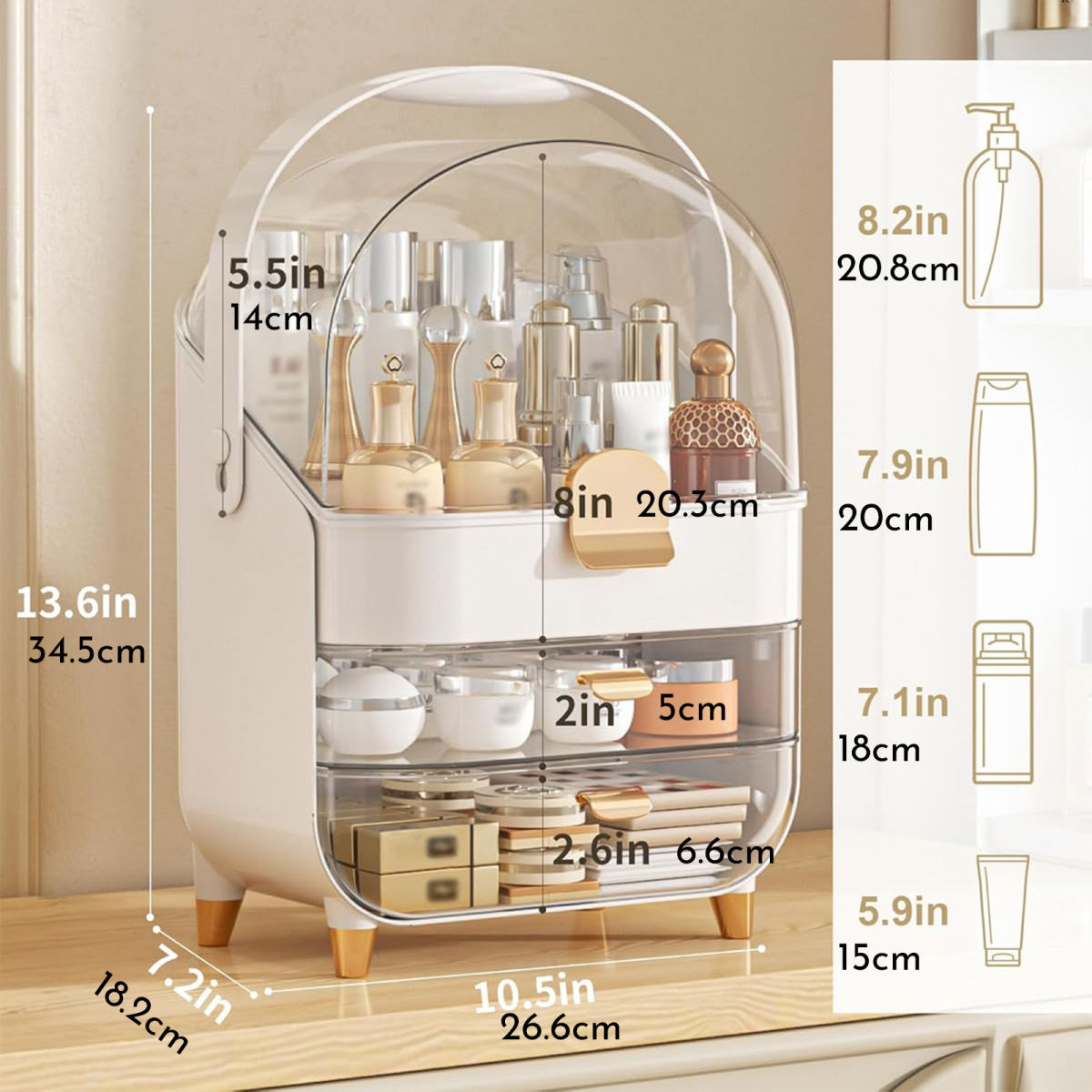 Makeup Organizer With Skincare Holder - Acrylic Cosmetic Storage Box, 4 Colors - Vanity & Bathroom Counter Organizer - Perfect Teen Girl Gift