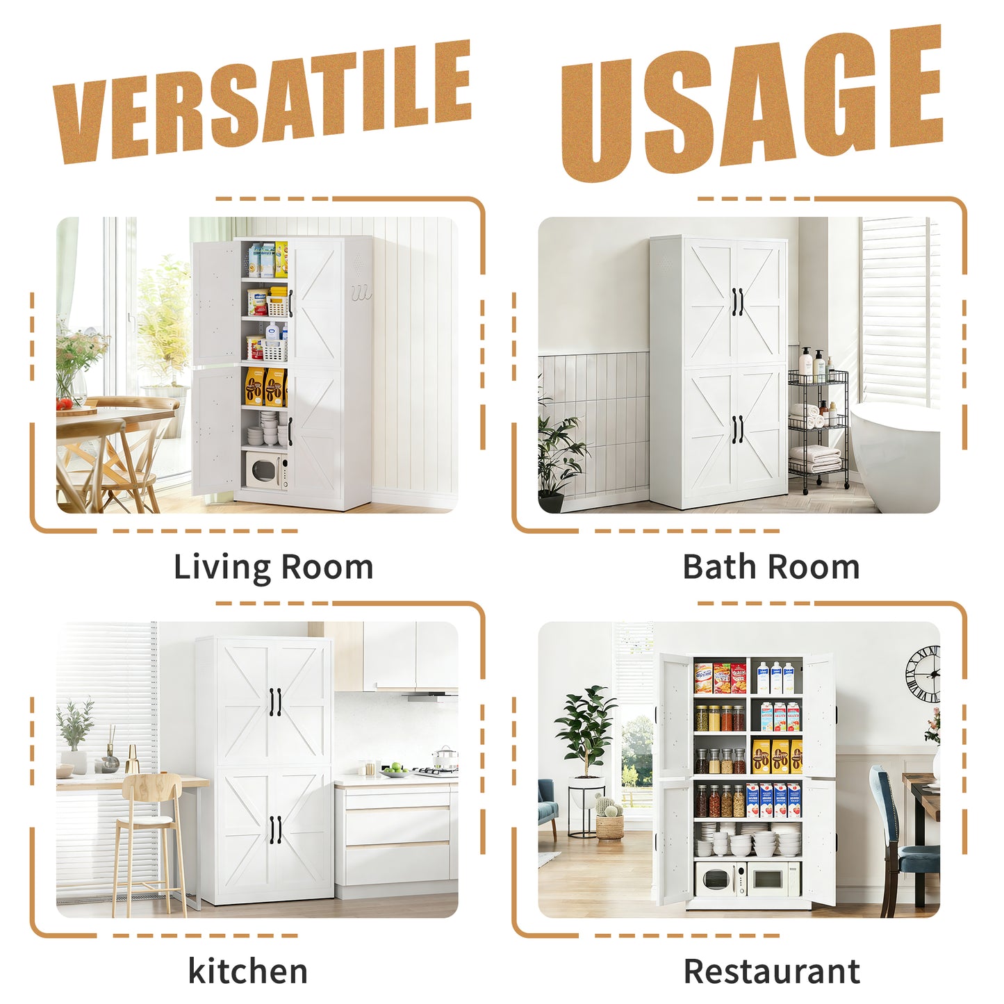 White Steel Kitchen Pantry Storage Cabinet With Adjustable Shelves, Heavy-duty Country Cabinet For Kitchens, Bathrooms And Living Rooms