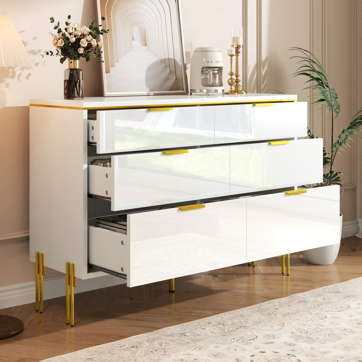 Modern Sideboard Cabinet With 6 Drawers In White And Gold, High-gloss Fronts, Large Storage Space For Living Room, Dining Area & Hallway, Stylish Storage Furniture For Organized Organization