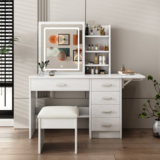 Fashion Vanity Desk With Mirror And Lights For Makeup With Open Shelves And Chair, Vanity Mirror With Lights And Table Set With 3 Color Lighting Brightness Adjustable, 5 Drawers, White Color
