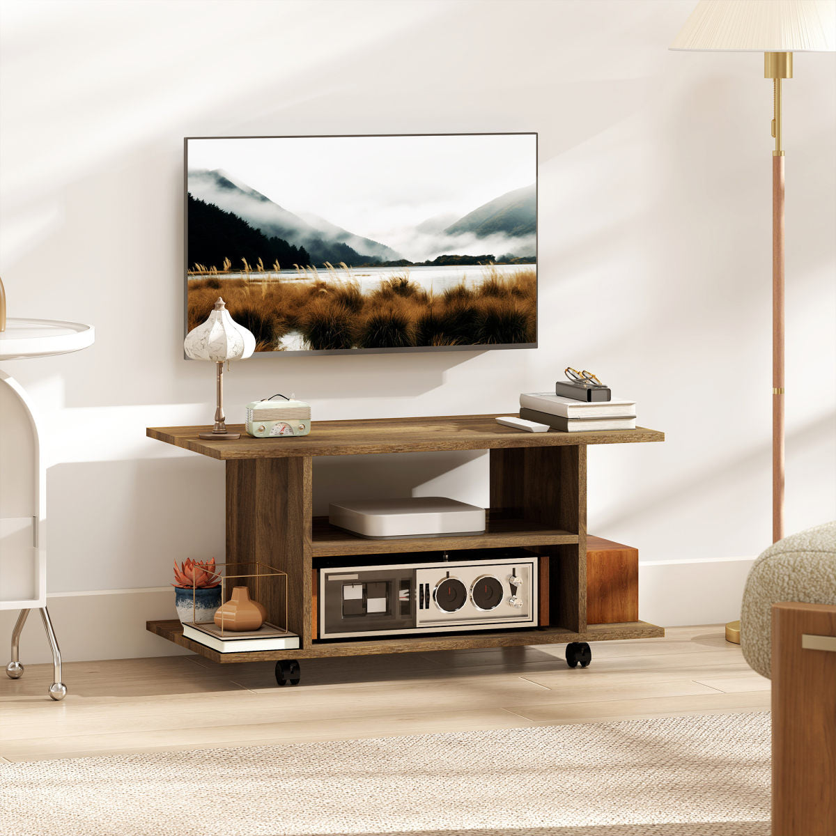 Modern TV Cabinet Stand Storage Shelves Table Mobile Bedroom Furniture Bookshelf Bookcase Walnut