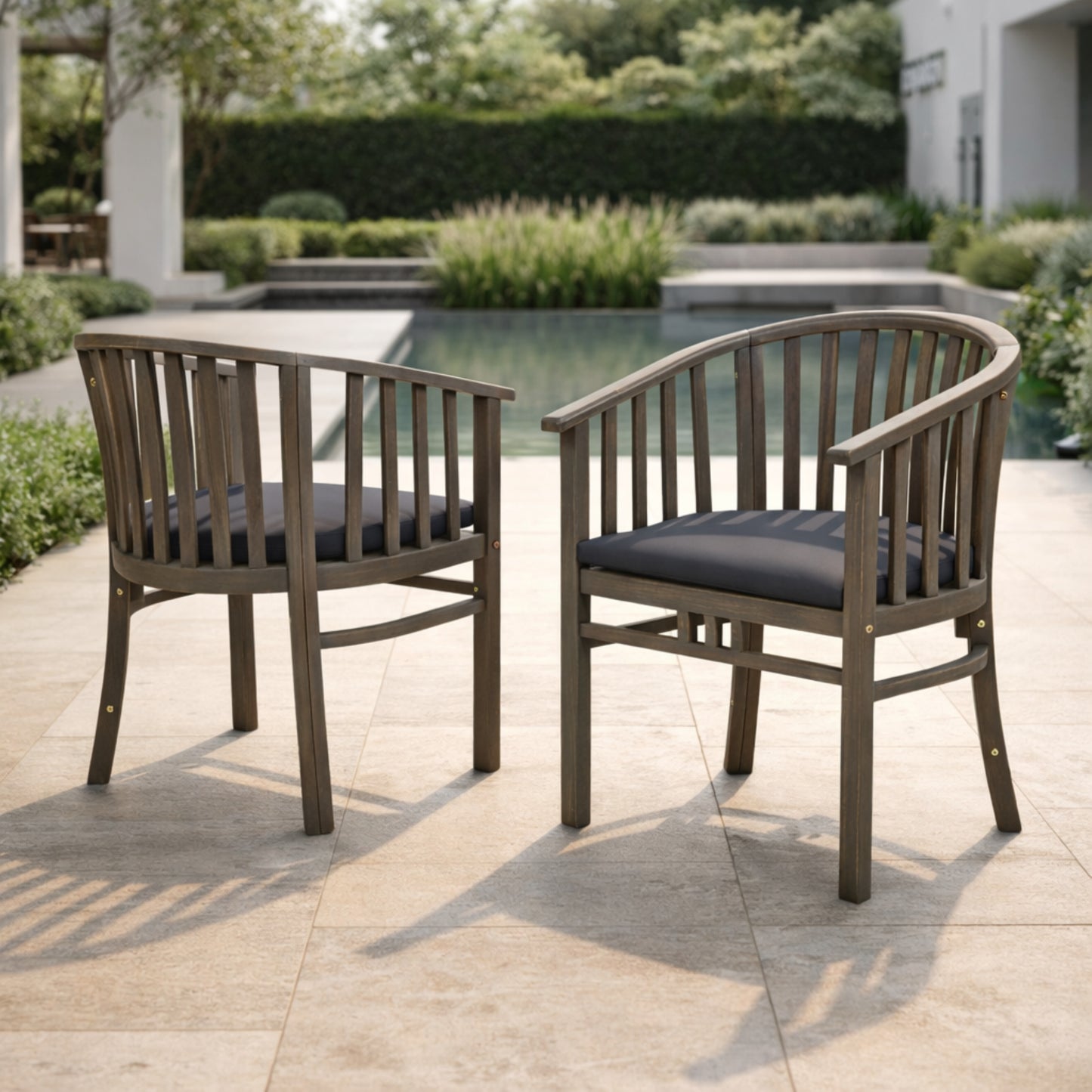 Outdoor Wooden Dining Chairs With Cushions, Set Of 2, Dark Grey,Grey Finish