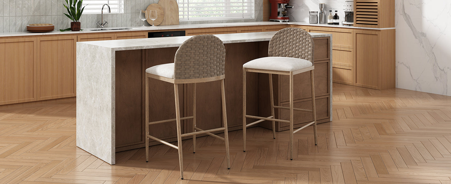 29.5  Farmhouse Barstools Set Of 2,Upholstered  Armless Iron Counter Stools With Rattan Backrest For Kitchen Dining Island Table,Brown Beige