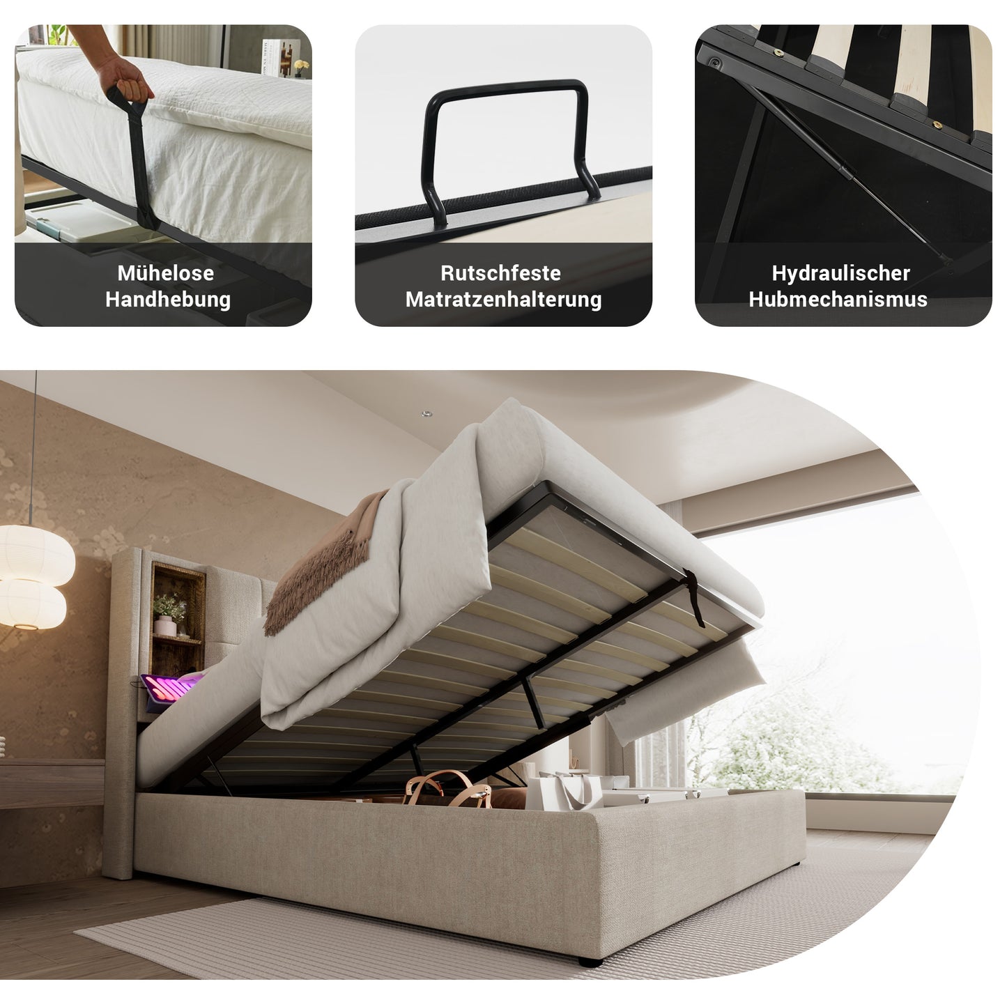 Double Bed With Wireless Charging USB C, Upholstered Bed Bed Frame 160x200cm, Bed Frame With Storage Slatted Base Made Of Wood-natural Linen