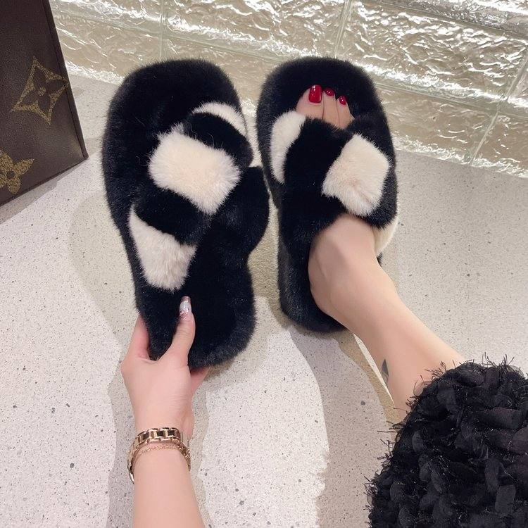 Women New Color Block Cross Fuzzy Slippers, Warm Thick Sole Fluffy Slide Shoes For Indoor & Outdoor