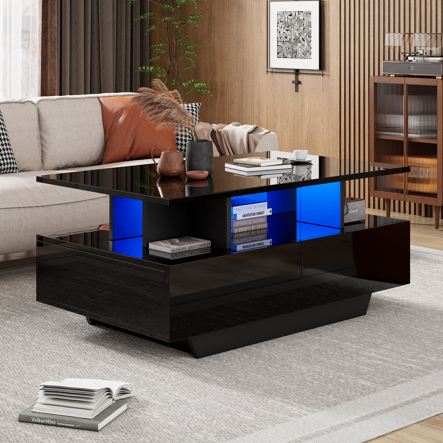 Modern High-gloss Coffee Table With LED Lighting And 2 Drawers  Stylish 90x55x41 Cm Side Table With Storage, Loadable Up To 30 Kg