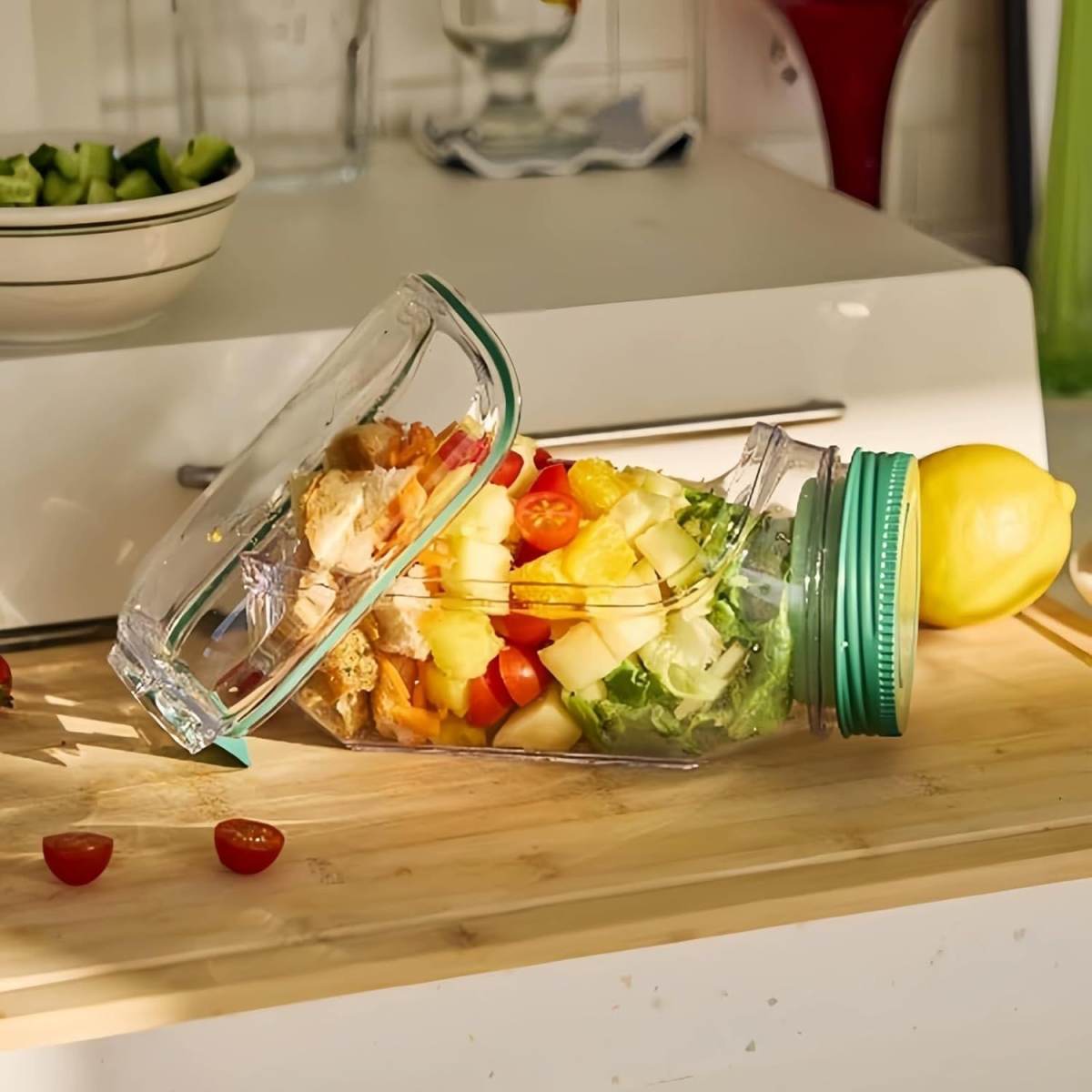 Salad Container With Side Opening, Leak-Resistant Design With Dressing Cup & Lid, Dishwasher & Freezer Safe For Office, Travel & Outdoors.