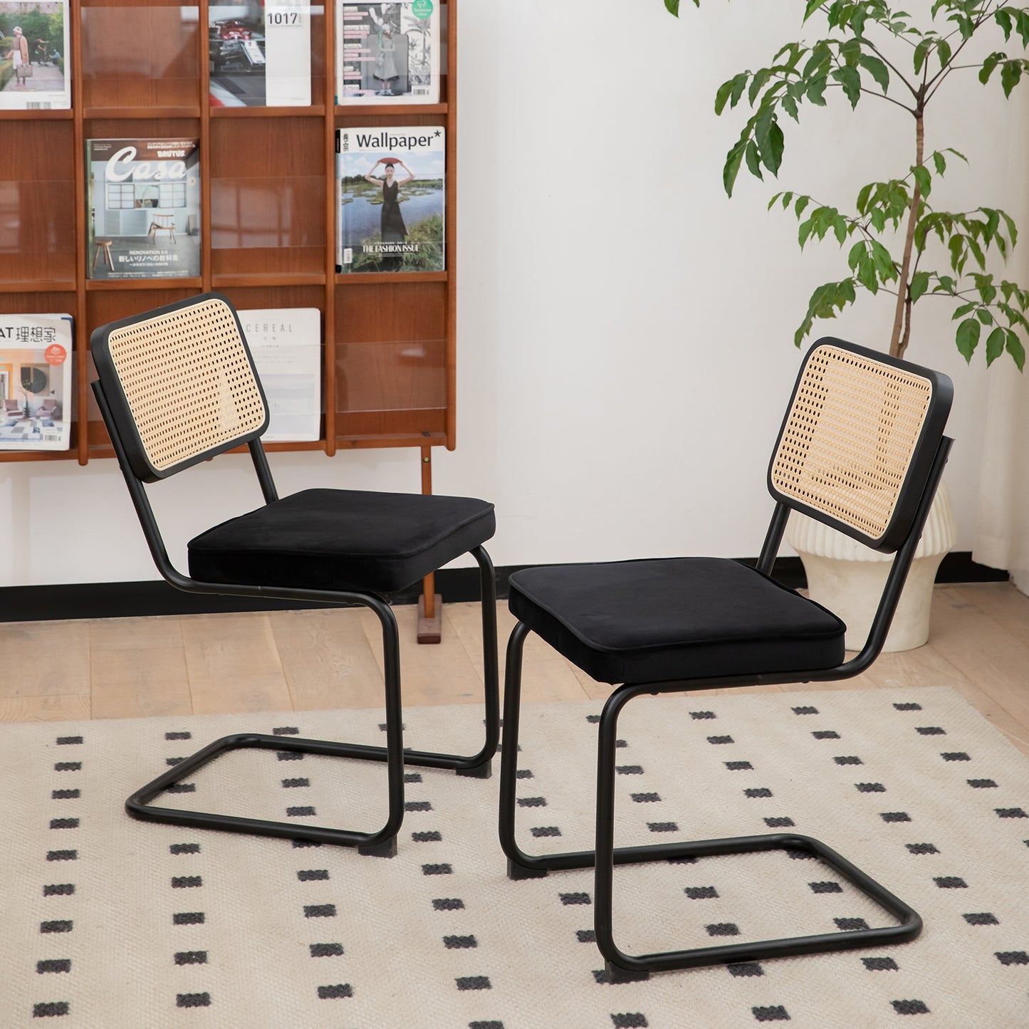 Dining Chairs Set Of 2, Velvet Rattan Side Accent Chairs With Chrome Legs, Modern Mid Century Breuer Designed Chairs, Upholstered Dining Living Room Kitchen Chairs