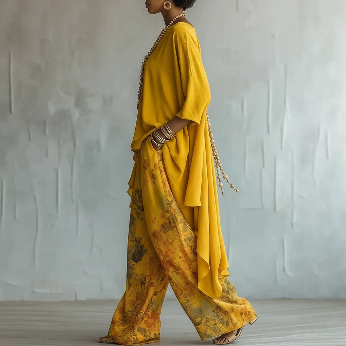 Cotton-Linen Fashion Solid-Color Top And Wide-Leg Pants Two-Piece Set