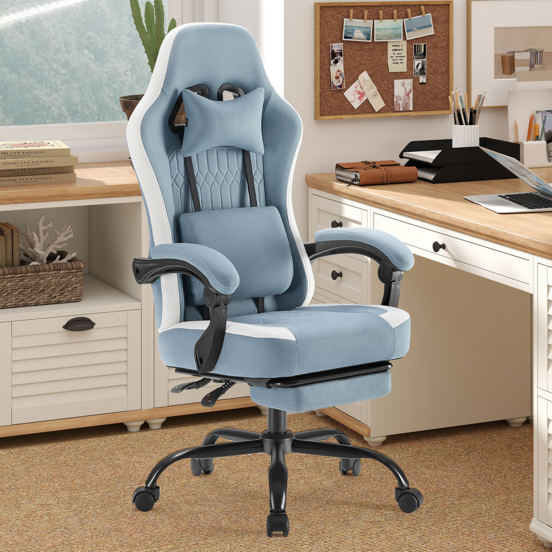 Computer Game Chair - Lumbar Support, Adjustable Height With Armrests And Headrests, 360 Rotating Wheels