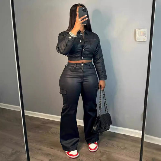 Suit-style Leather Jacket Best-selling Cardigan And Athletic Trousers Set