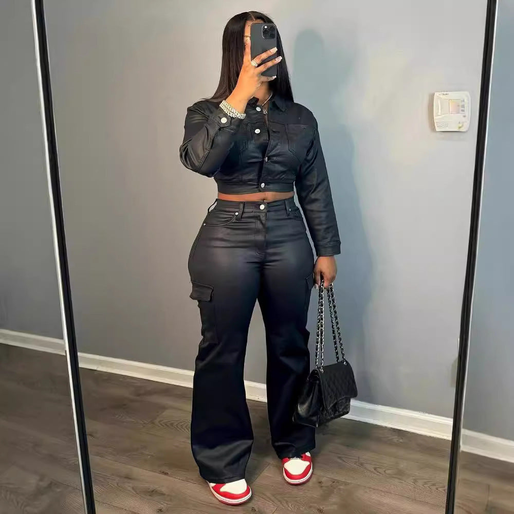 Suit-style Leather Jacket Best-selling Cardigan And Athletic Trousers Set
