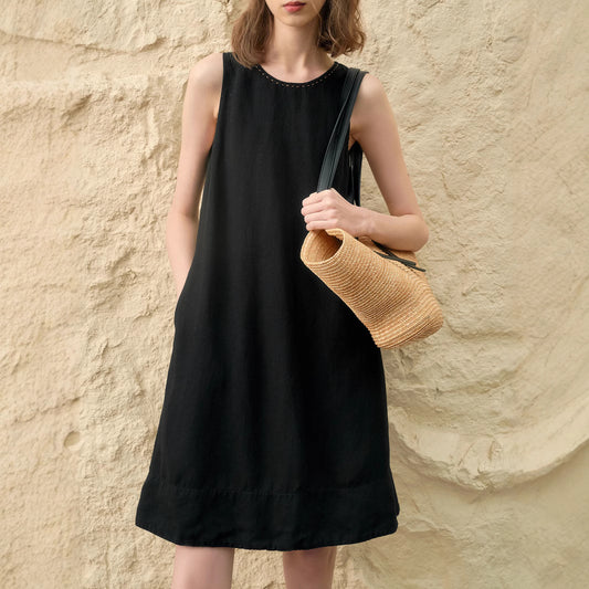 Handmade Beaded-Trim Dress Womens Summer New Solid Color