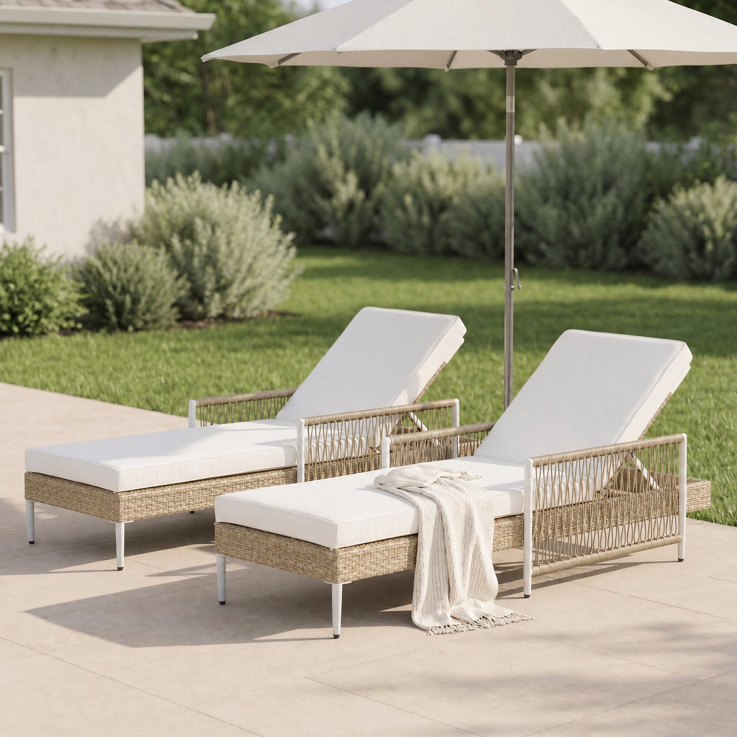 TOPMAX Outdoor All-Weather PE Rattan Chaise Lounge, Minimalist Patio Wicker Lounge Chair With 6 Gear Adjustable Recliner, Arms And Cushion For Poolside, Deck, Set Of 2, Beige