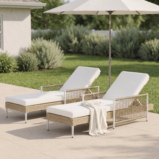 TOPMAX Outdoor All-Weather PE Rattan Chaise Lounge, Minimalist Patio Wicker Lounge Chair With 6 Gear Adjustable Recliner, Arms And Cushion For Poolside, Deck, Set Of 2, Beige