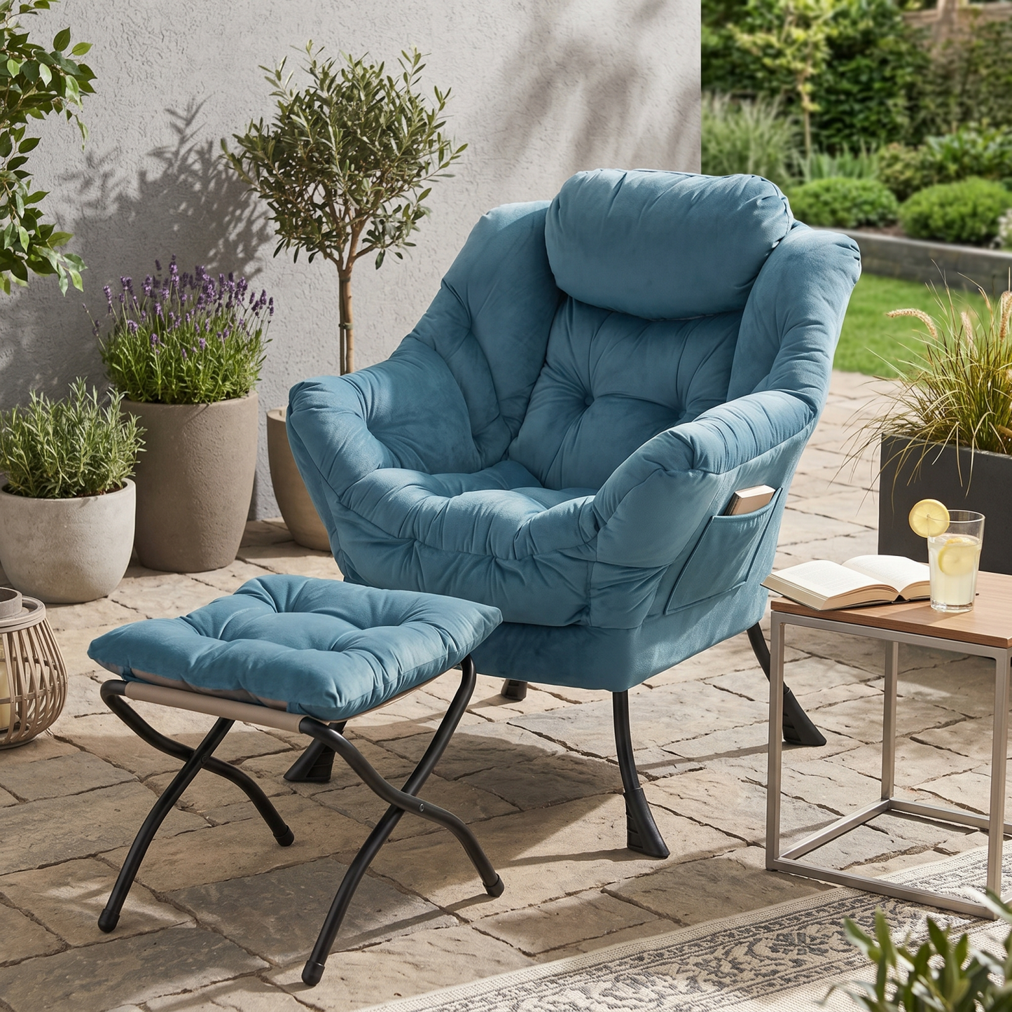 Armchair With Stool, Recliner With Armrests, Side Pocket & Footrest, Lounge Chair, TV Armchair, Wing Chair For Living Room, Bedroom, Office Blue