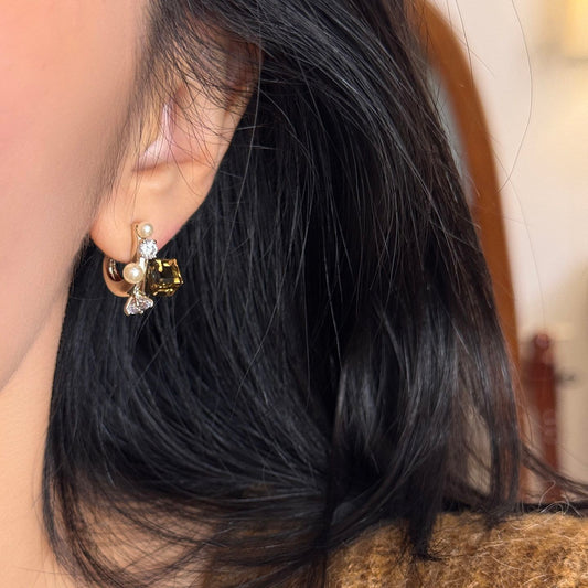 2026 New Maillard Coffee Color Rhinestone Pearl  Earrings, Super Beautiful Niche Elegant Autumn Winter Fashion Stud Jewelry For Women