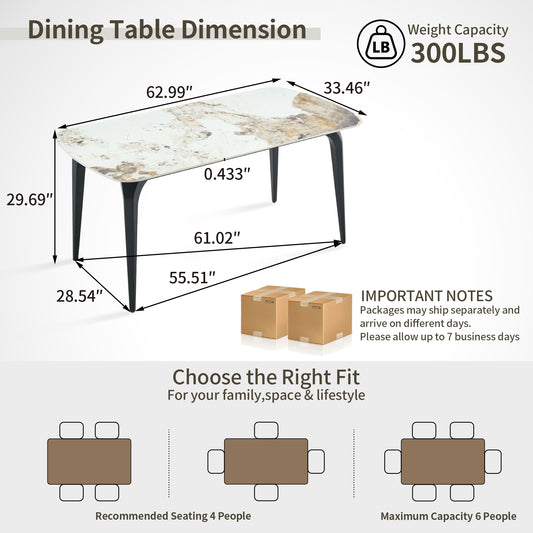 Modern Rectangular Dining Table, Premium Sintered Stone Tabletop With Sturdy Metal Base, Heat-Resistant & Scratch-Resistant Kitchen And Dining Room Table Pandora Beige, 1 Table