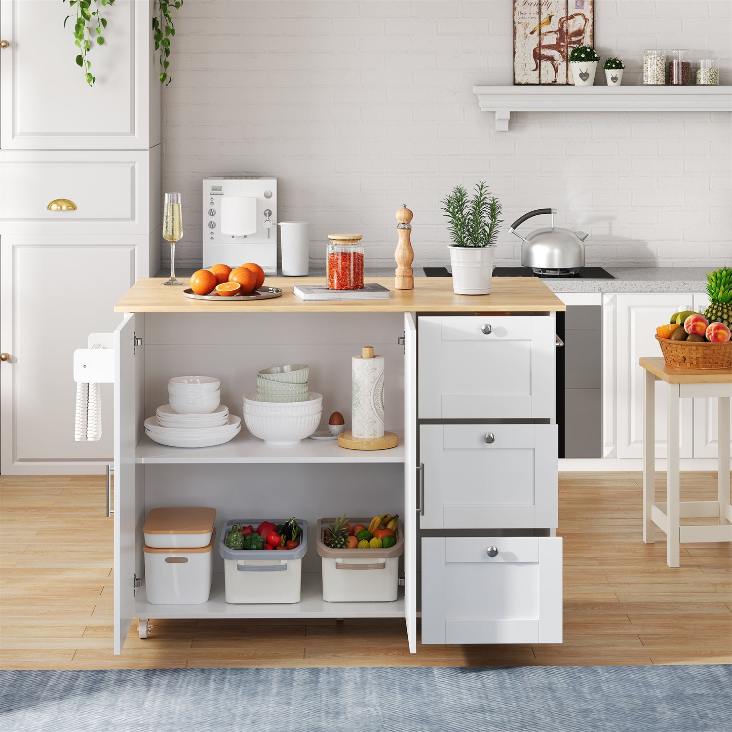 L135XW44XH90cm Large Mobile Kitchen Table, Oak Countertop, Folding Design, Multifunctional Cabinet, 3 Drawers, Towel Rail, Suitable For Kitchen, Dining Room, Home