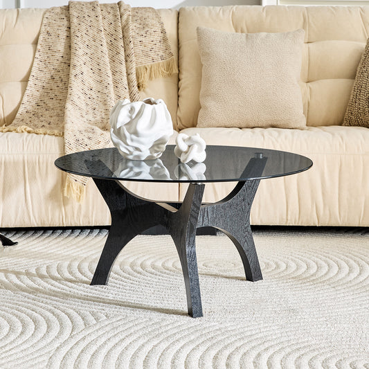 Round Coffee Table With Glass Top, Modern Living Room Table With Black Wooden Frame, Sturdy Coffee Table 80cm, Heat & Scratch Resistant, For Living Room, Office & Lounge