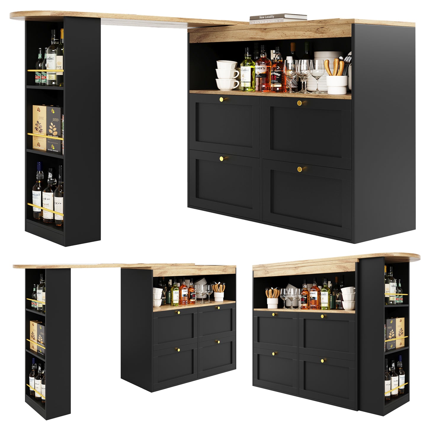 360 Rotating Bar Table  Main Body 105 X 39 X 102 Cm , With 4 Drawers And Open Shelves, Suitable For Dining Room Study Living Room, Etc