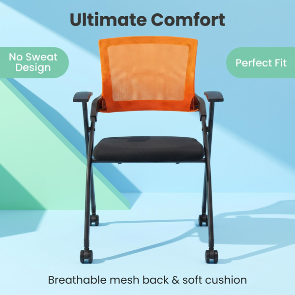 1 Pack Stackable Conference Room Chairs With Wheels,Folding Office Chair With Rebound Back,Padded Seat For Training Room,Guest,Reception,Event,Capacity 350lbs,Orange