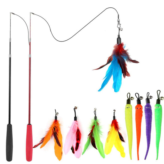 Cat Toys For Indoor Cats, Interactive Cat Toy 2PCS Retractable Wand Toy And 9PCS Cat Feather Toys Refills, Funny Kitten Toys Cat Fishing Pole Toy For Bored Indoor Cats Chase And Exercise