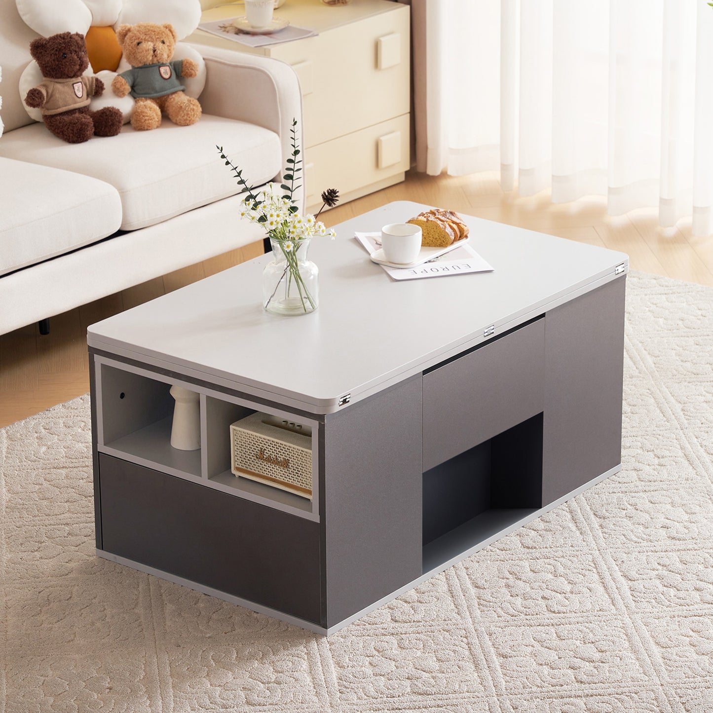 313593594GAAHebable Multifunction Coffee Table - Table Top Opens To 2 Tables, Dark Grey  Light Grey, Large Capacity, Modern Living Room Furniture, Office Dining Table Side Table Multifunction Table